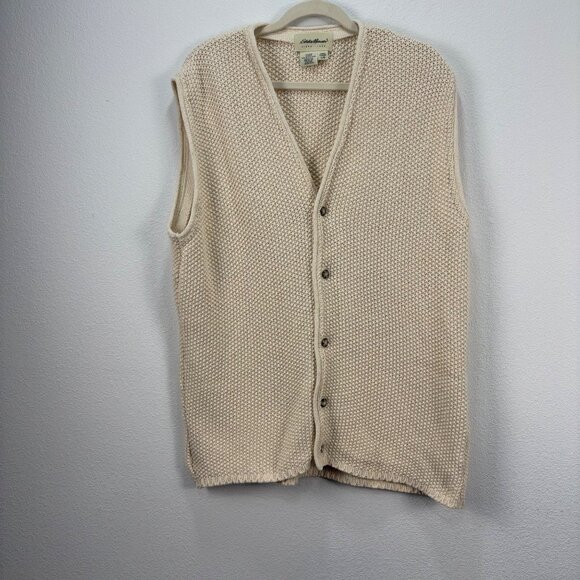 Eddie Bauer Vintage Mens Beige Chunky Knit Button-Up Cotton Vest L USA 80s/90s - Picture 8 of 8